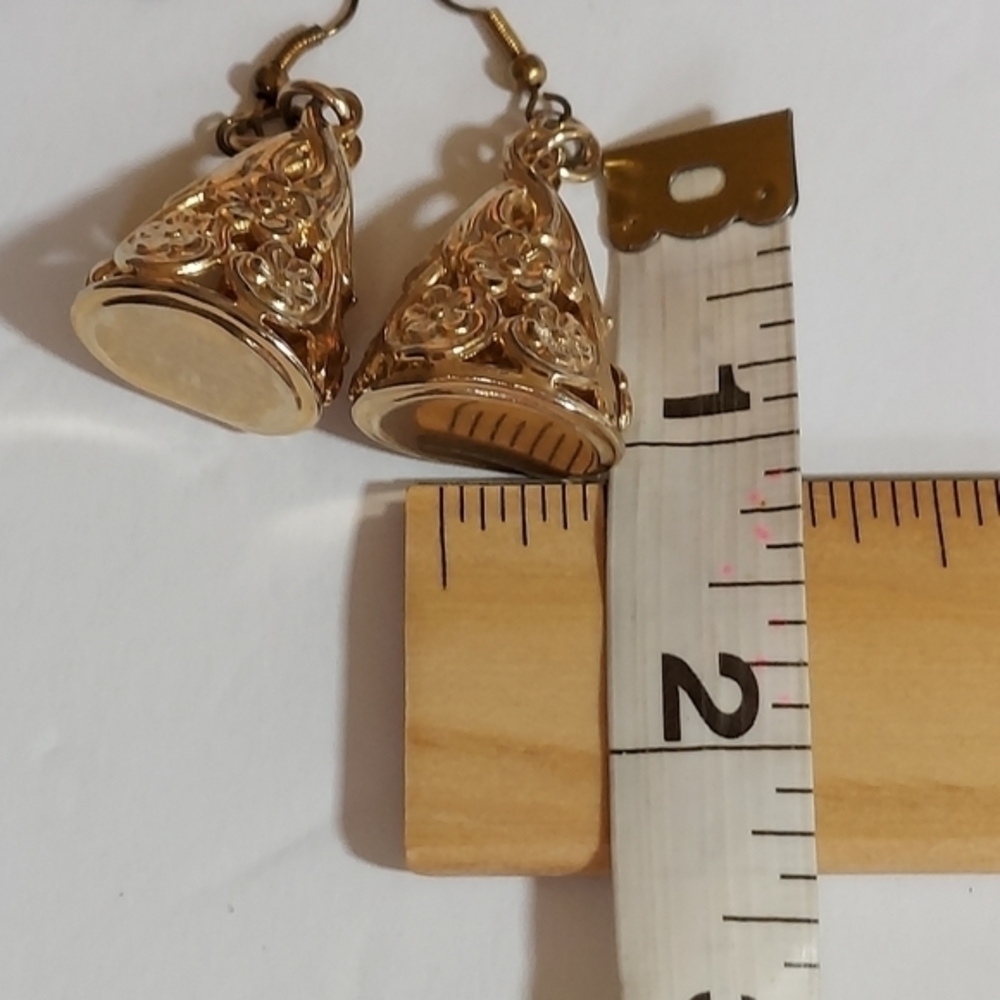 Vintage Goldtone Flower Filigree Pierced Dangled Earrings Wire Hooks - Picture 7 of 10
